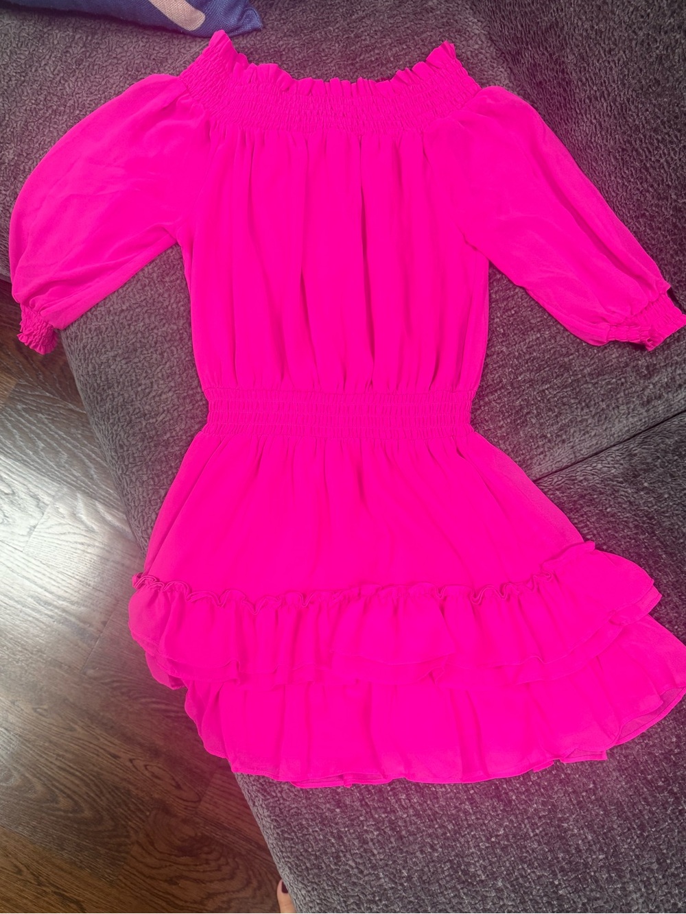 Womens Off-Shoulder Ruffle Dress - Hot Pink